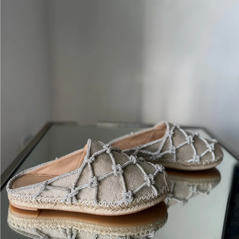 New VALENTINO GARAVANI Crystal-embellished linen espadrille mules $1,150 35